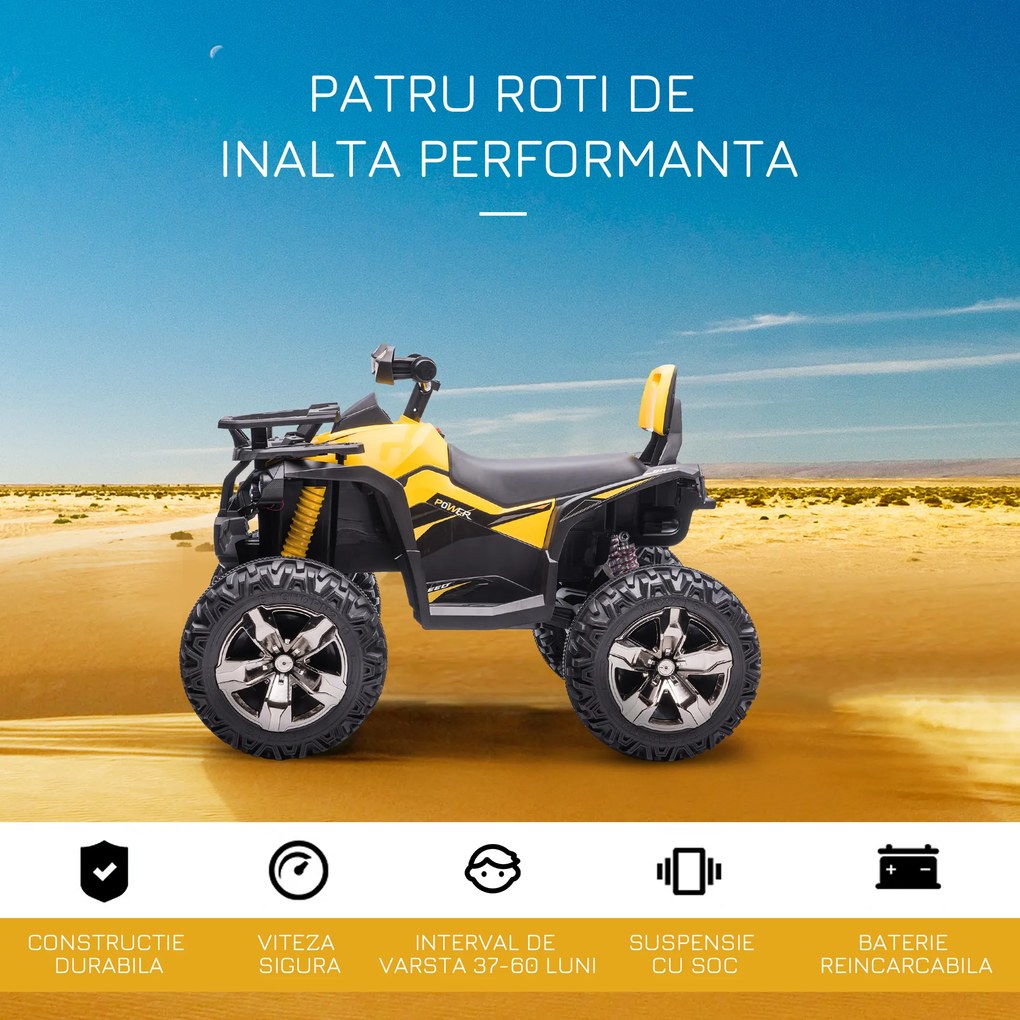 ATV Electric pentru Copii 12V, 3-5 Ani, Faruri, Muzica, Pedale 100x65x73cm - Negru/Galben HOMCOM | Aosom Romania