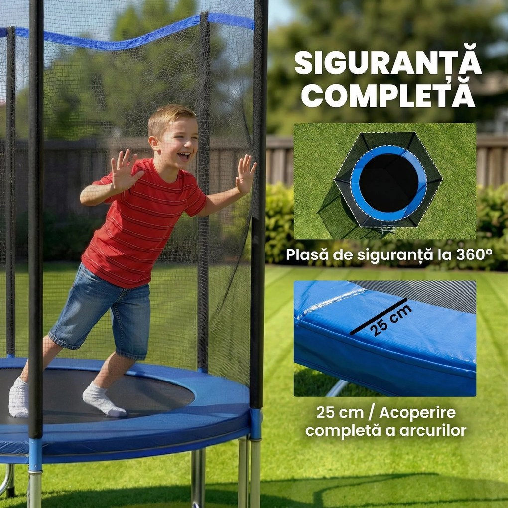 SPORTNOW Trambulină Elastică pentru Adulți Ø244cm, Covor Elastic pentru Adulți cu Plasă de Protecție, Scară cu 2 Trepte, Protecție pentru Arcuri, Structură din Oțel, Capacitate 100kg, Albastru | Aosom Romania