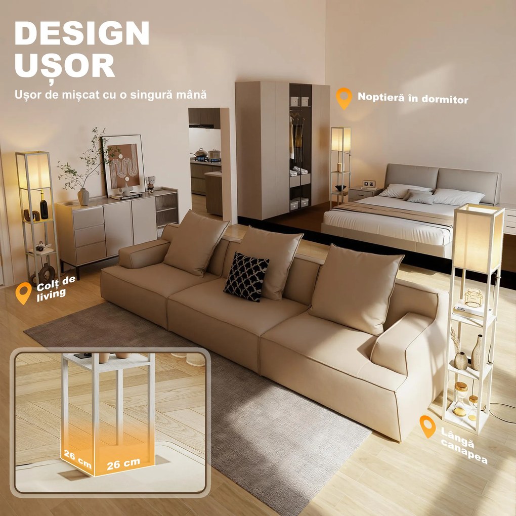 HOMCOM Lampă de Podea LED cu Rafturi, Lampă Modernă cu Comutator cu Pedală și Porturi USB, Lumină cu Culori Reglabile pentru Living și Dormitor, Stejar | Aosom Romania