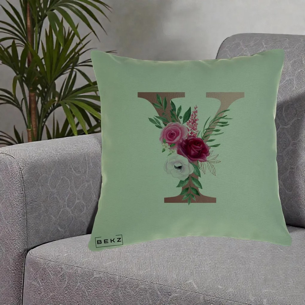 Cadou Personalizat - Perna Personalizata Monograma Rose Gold Litera Y, 40x40 cm, Verde, Husa Detasabila, Perna Inclusa, BEKZ®