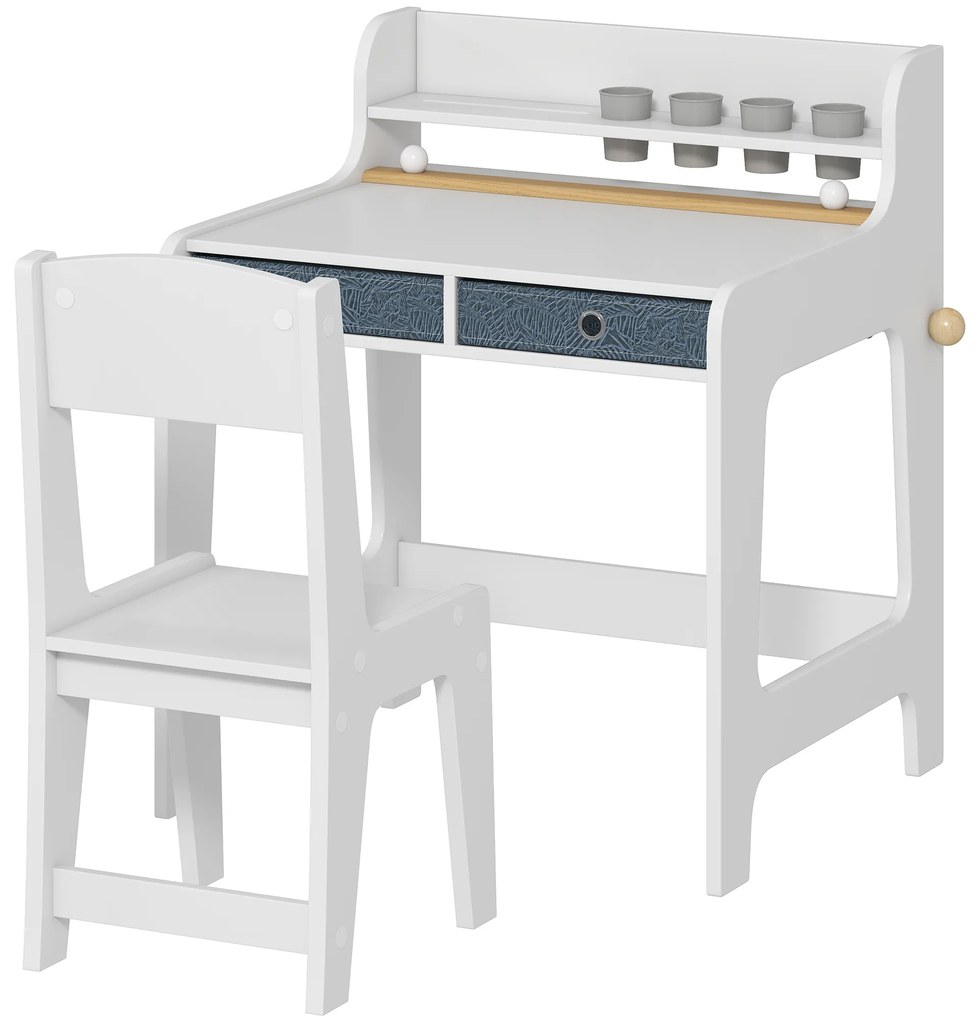 AIYAPLAY Birou pentru copii cu scaun, masă pentru copii și scaun cu 2 sertare din material textil și suport pentru pahare, 62,8x55,6x73,8cm, alb | Aosom Romania