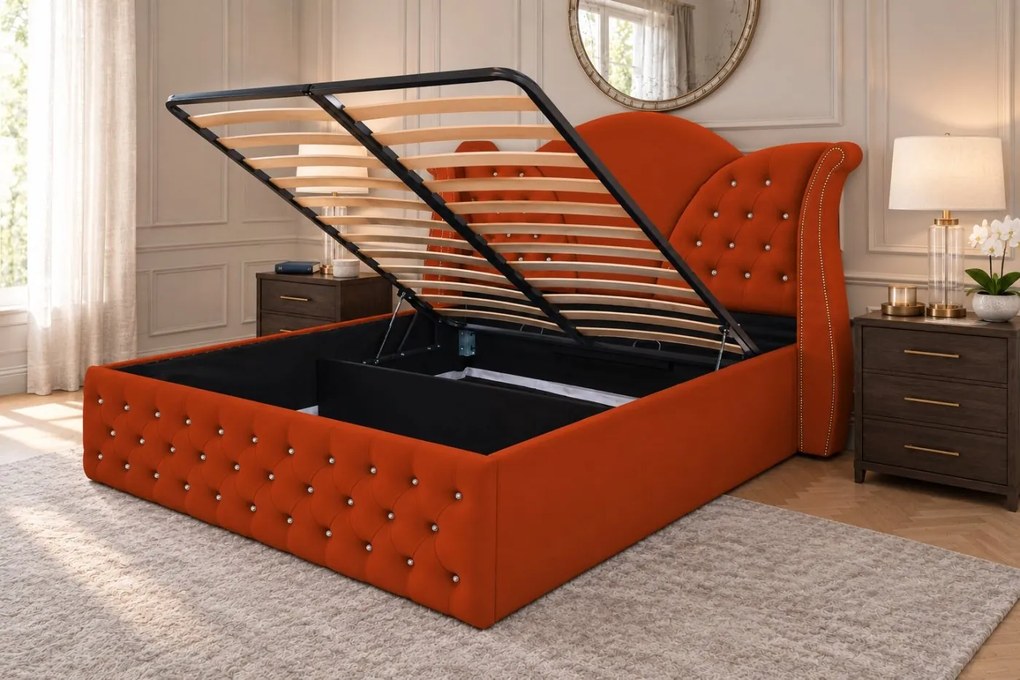 Pat tapițat Chesterfield din catifea Velora Cristal 140×200 cm, cărămiziu, cu ladă de depozitare