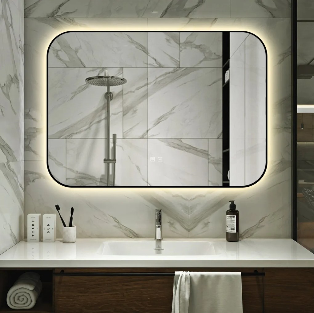 🪞 Oglindă LED cu Touch și Funcție Dezaburire – Ramă Negru, 100x70 cm, Model J187-10070 Smack