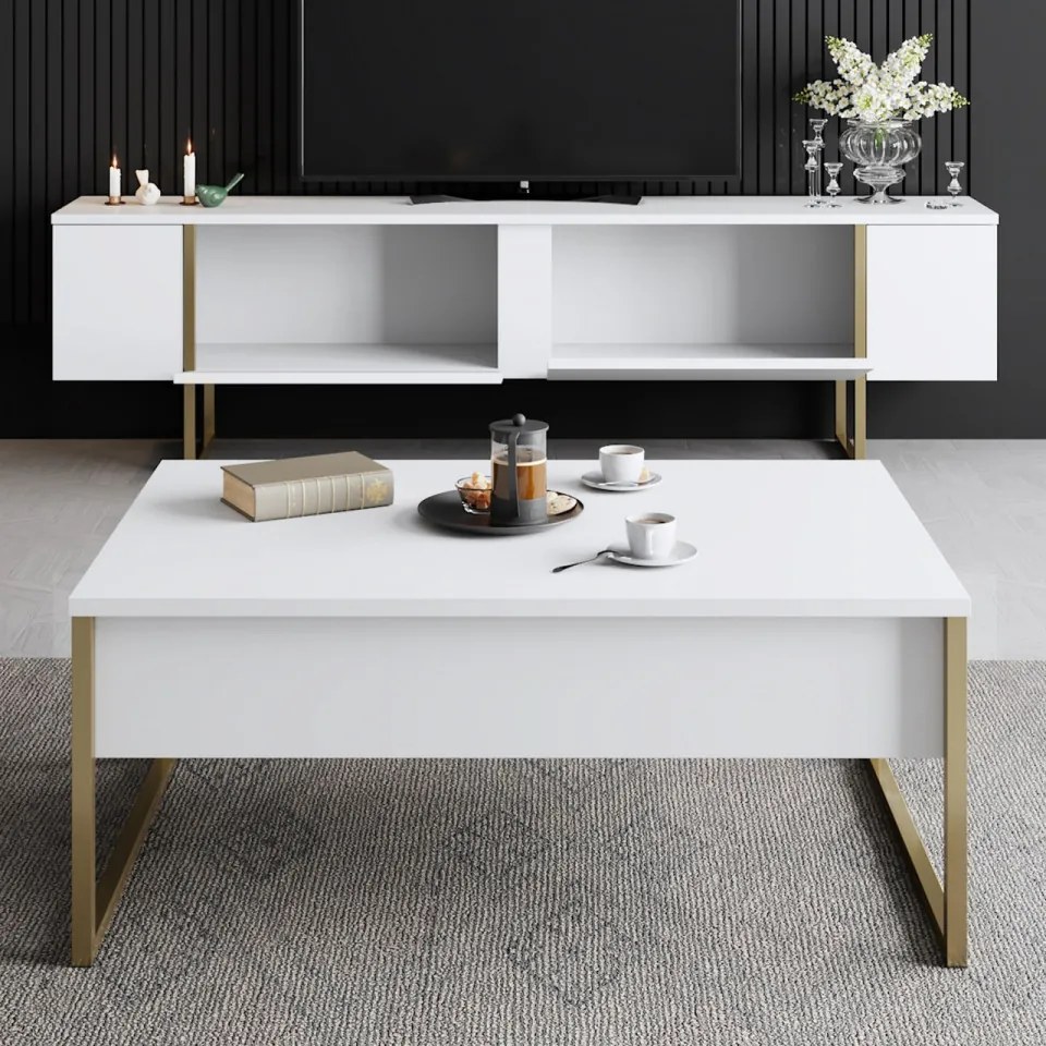 Comoda TV Luxe, Alb / Auriu