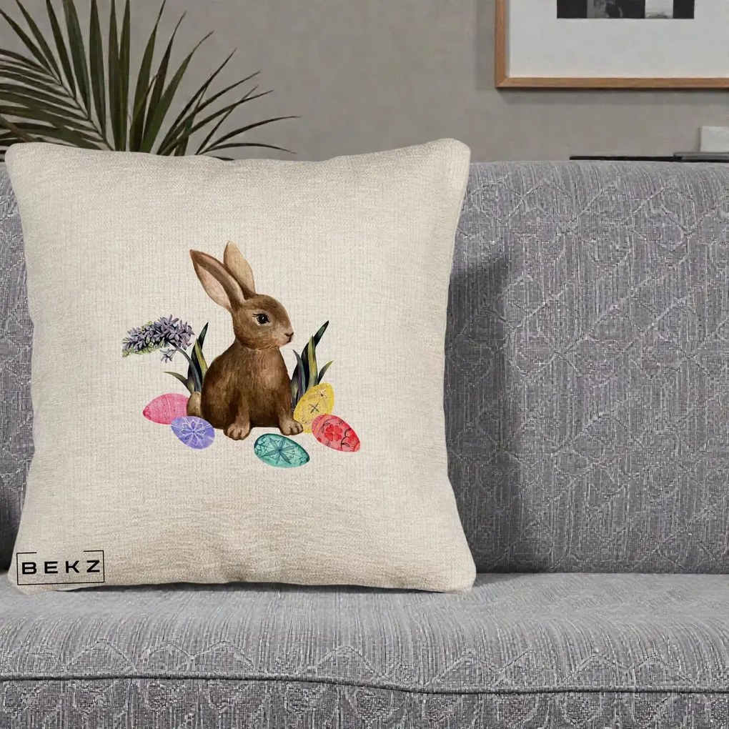 Perna Decorativa Iepuras cu Oua de Pasti Acuarela, 40x40 cm, Bej Canapea, Husa Detasabila, Perna Inclusa, BEKZ®