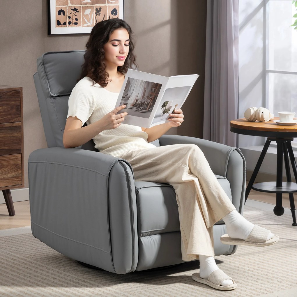 HOMCOM Fotoliu Reclinabil Manual cu Suport pentru Picioare din Material Textil Efect Piele și Bază Rotativă, Gri | Aosom Romania