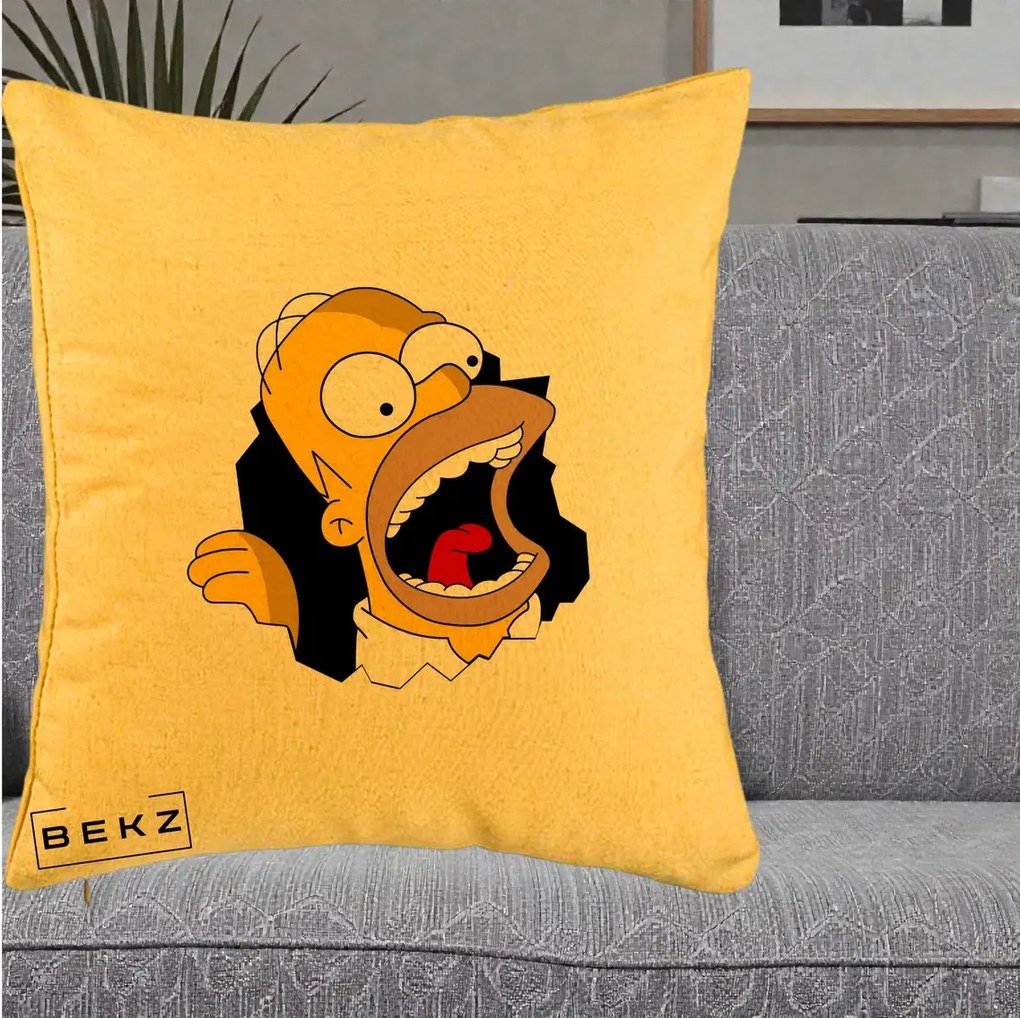 Perna Personalizata Homer Simpson Surpriza, 40x40 cm, Galben, Husa Detasabila, Perna Inclusa, BEKZ®