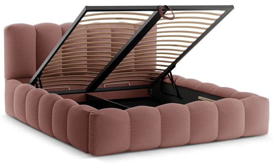Pat matrimonial roz tapițat cu spațiu de depozitare cu somieră 200x200 cm Lupine – Micadoni