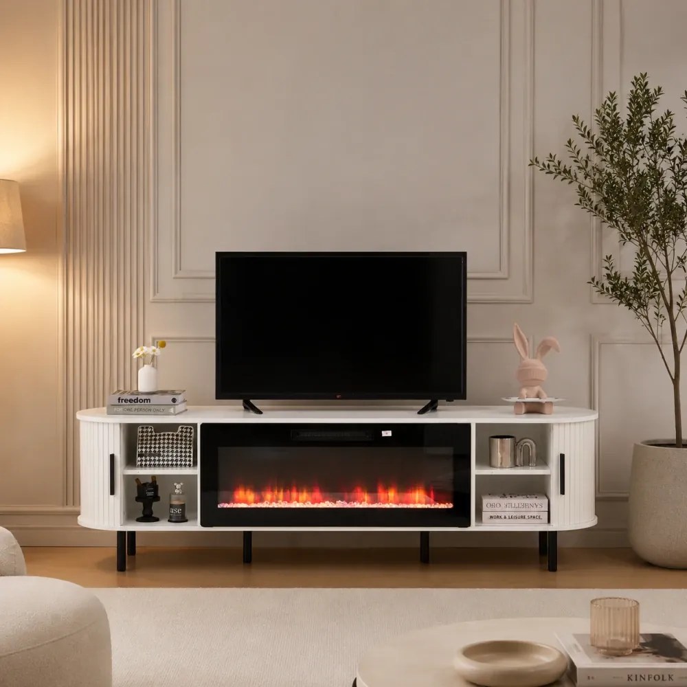 Comodă TV cu șemineu electric cu Încălzire, iluminare LED , 12 culori, Telecomandă, 180 cm, MOB136 Alb