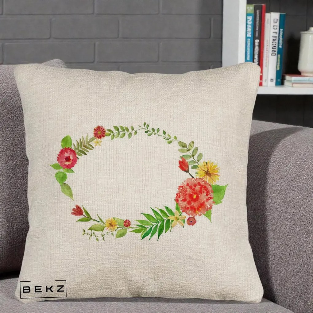 Perna Decorativa Coroana Florala Acuarela, 40x40 cm, Bej Canapea, Husa Detasabila, Perna Inclusa, BEKZ®