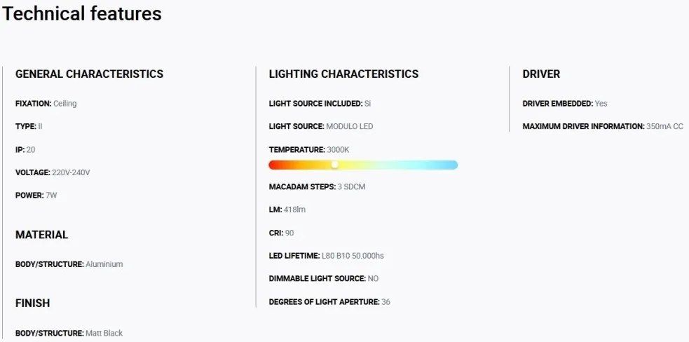 Spot LED incastrabil TULIPA Black recessed downlight 7W 36° 3000K CRI90