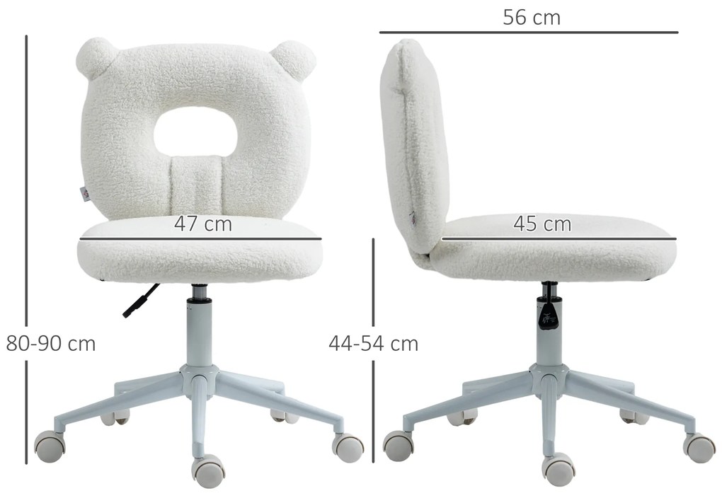 HOMCOM Scaun de birou reglabil în înălțime, cu căptușeală Teddy, 50 cm x 56 cm x 90 cm, Alb | Aosom Romania