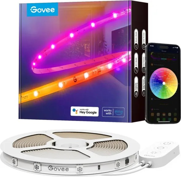 Smart LED banda Govee RGBIC H612ACD1, 24 W, 5 m, RGBICW, 120 LED-uri, Bluetooth, Wi-Fi, Matter, Alexa, Google Assistant, Negru