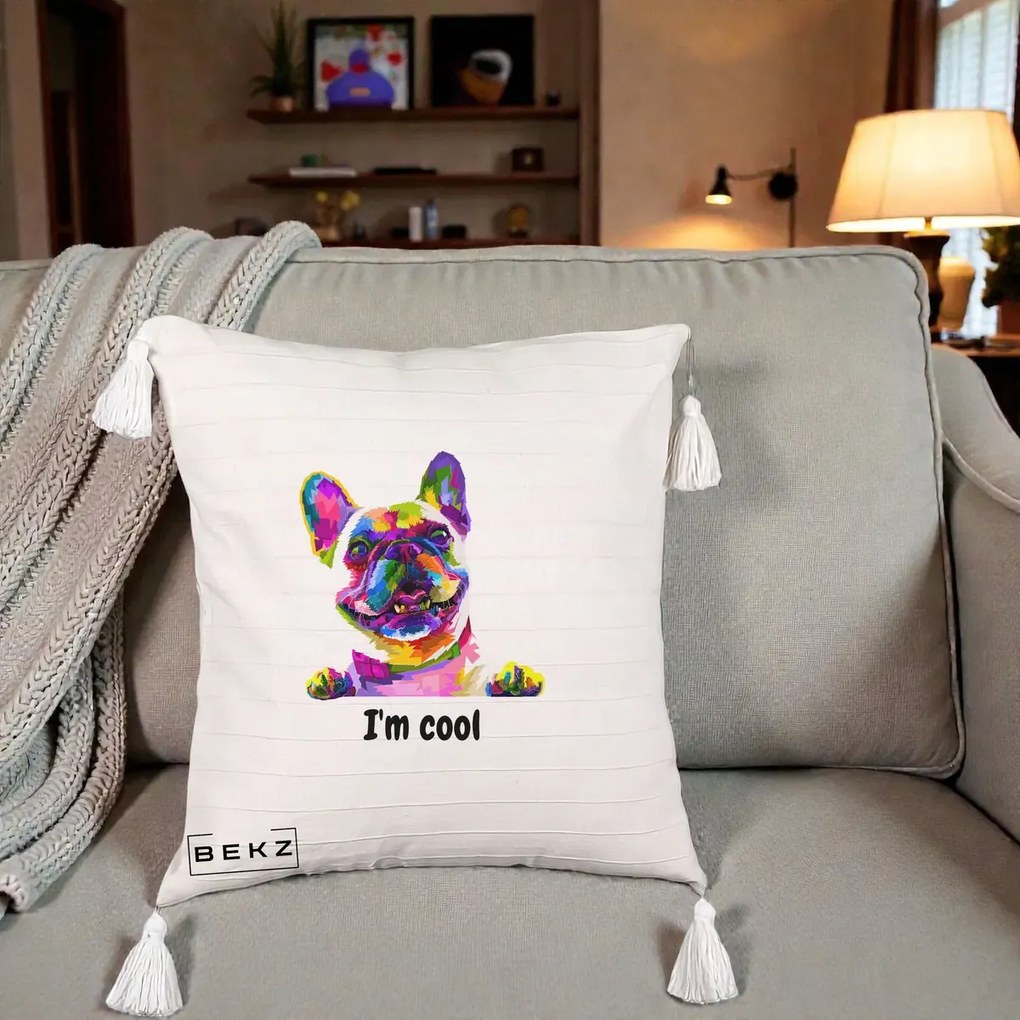 Perna Personalizata Bulldog Francez I'm Cool, 40x40 cm, Bej cu Franjuri, Husa Detasabila, Perna Inclusa, BEKZ®