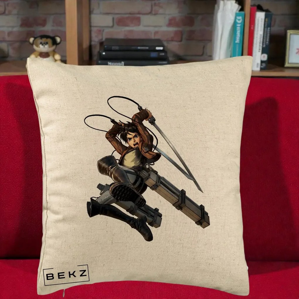 Perna Personalizata Attack on Titan Eren Yeager Lupta, 40x40 cm, Bej, Husa Detasabila, Perna Inclusa, BEKZ®