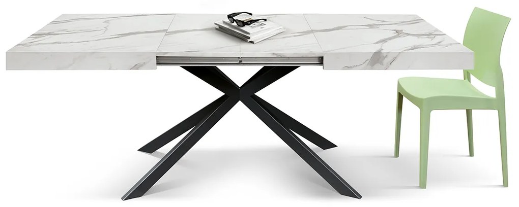 Masa extensibila SPIDER, blat ALB MARMORAT - 140 cm / 90 / h 77 - NEGRU