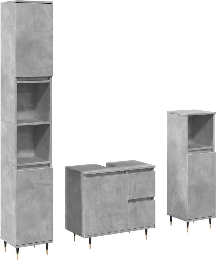 vidaXL Set mobilier de baie, 3 piese, gri beton, lemn compozit