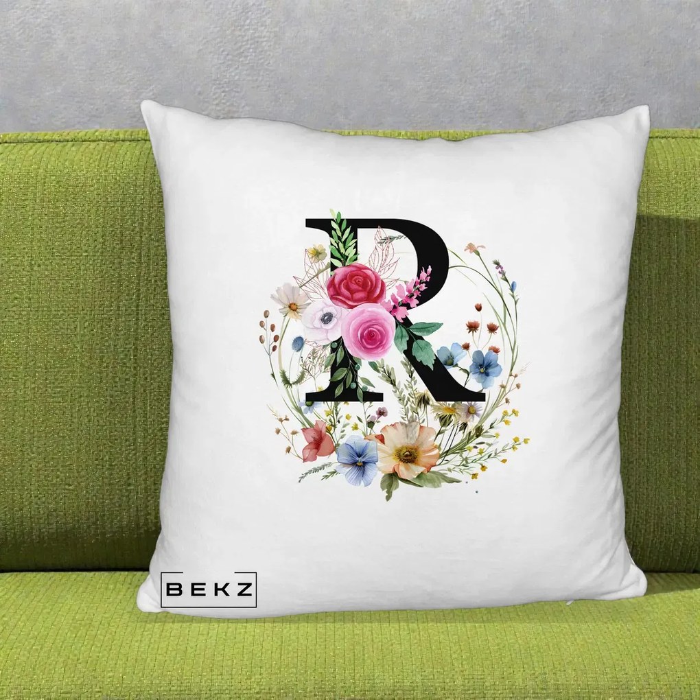 Cadou Personalizat - Perna Personalizata Monogram Litera R cu Flori Acuarela, 40x40 cm, Alb Pufos, Husa Detasabila, Perna Inclusa, BEKZ®