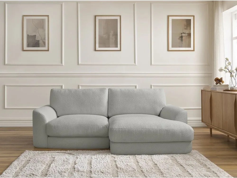 Colțar gri deschis cu tapițerie din țesătură bouclé (cu colț pe partea dreaptă/cu șezlong) Leonore – Bobochic Paris