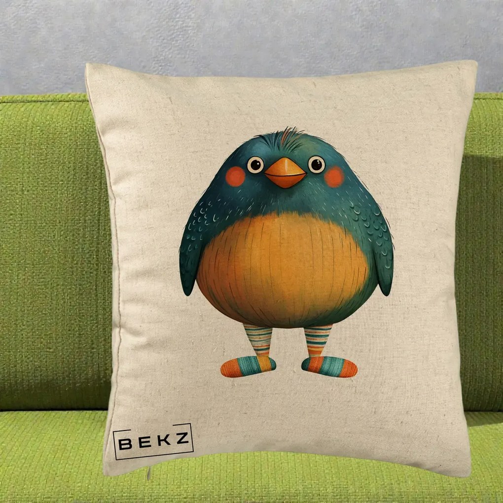 Perna Decorativa Pasare Teal cu Sosete Dunghi, 40x40 cm, Bej, Husa Detasabila, Perna Inclusa, BEKZ®