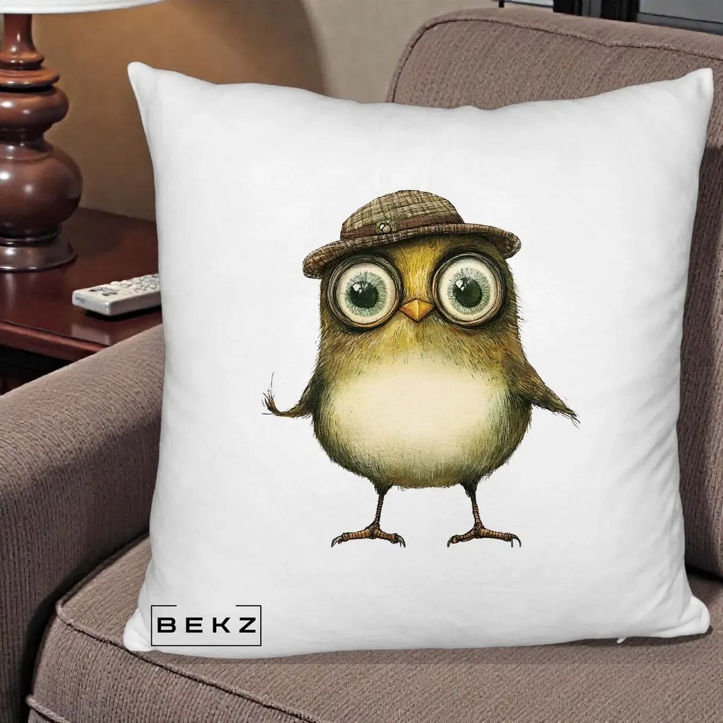 Perna Decorativa Pui Intelectual cu Palarie Tweed, 40x40 cm, Alb Pufos, Husa Detasabila, Perna Inclusa, BEKZ®
