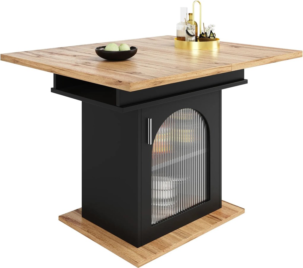 Masă de dining extensibilă cu 3 rafturi și uși din sticlă, 110-140x80x76 cm, Negru