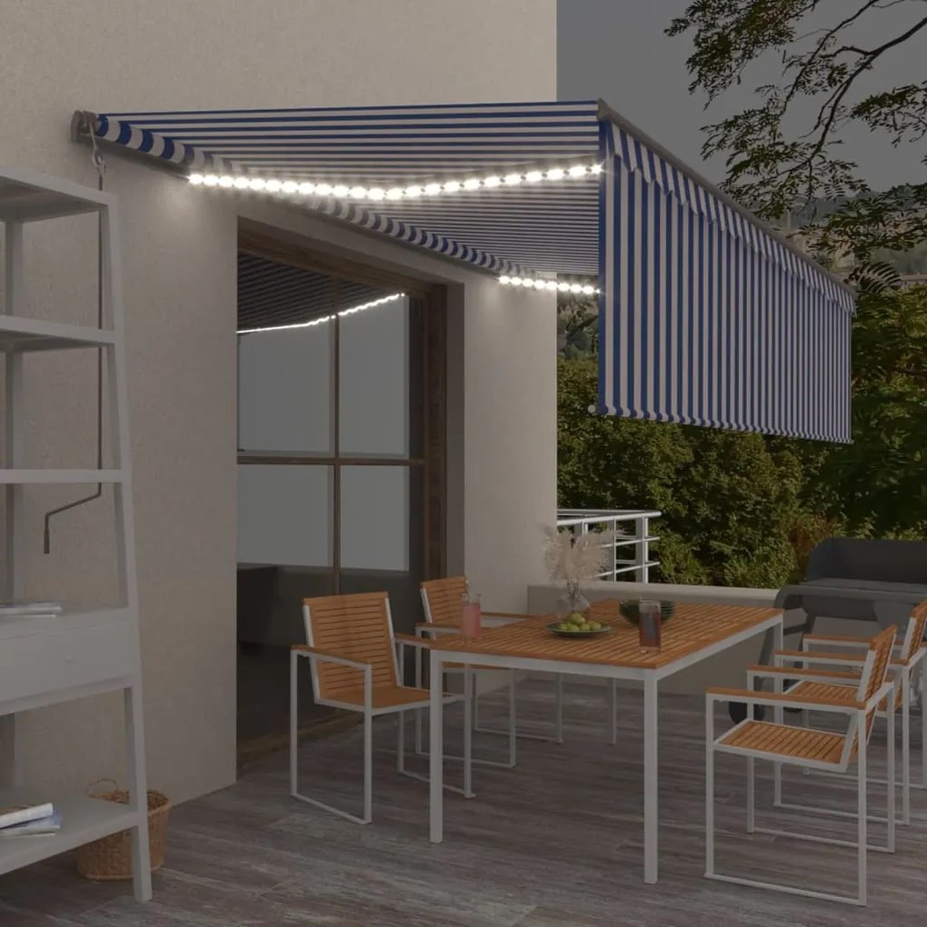 vidaXL Copertină retractabilă manual cu stor&amp;LED,albastru&amp;alb, 5x3 m