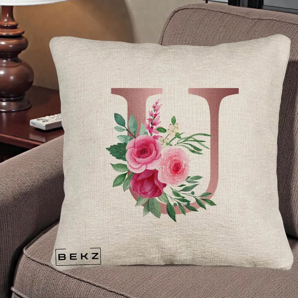 Cadou Personalizat - Perna Personalizata Monograma Rose Gold Litera U, 40x40 cm, Bej Canapea, Husa Detasabila, Perna Inclusa, BEKZ®