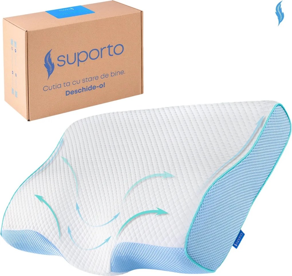 Perna de dormit Suporto Aura anatomica si ortopedica cu suport cervical, Din spuma cu memorie, Albastra