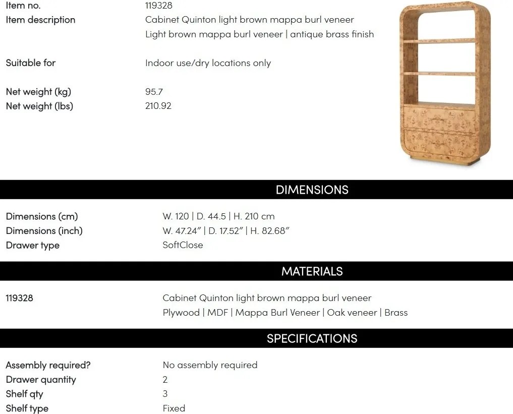 Dulap cu Rafturi design LUX, Furnir Burl Mappa, Maro, Quinton