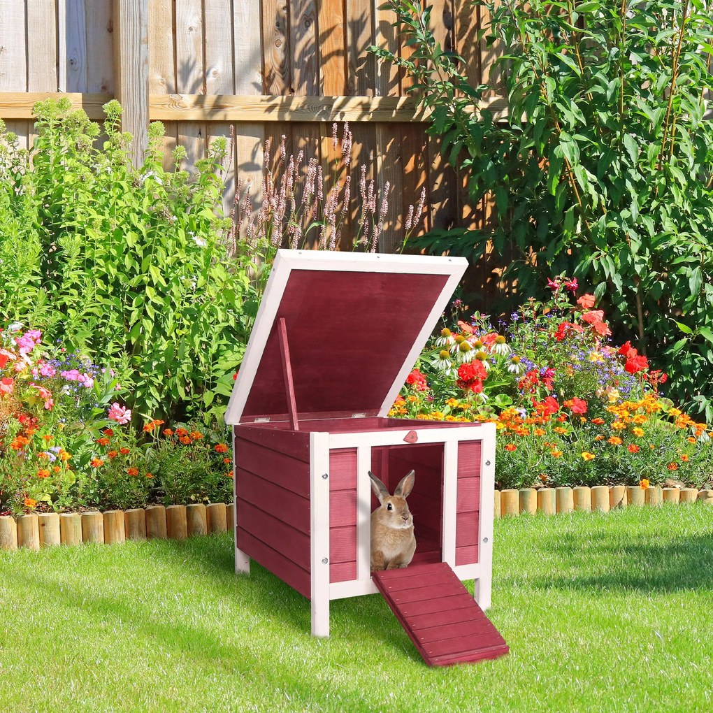 PawHut Colivă de Lemn Exterior Cușcă Casă pentru Rozătoare Animale Mici cu Acoperiș Asfaltic Abatibil și Rampa Antiderapantă 42x51x43 cm Roșu | Aosom Romania