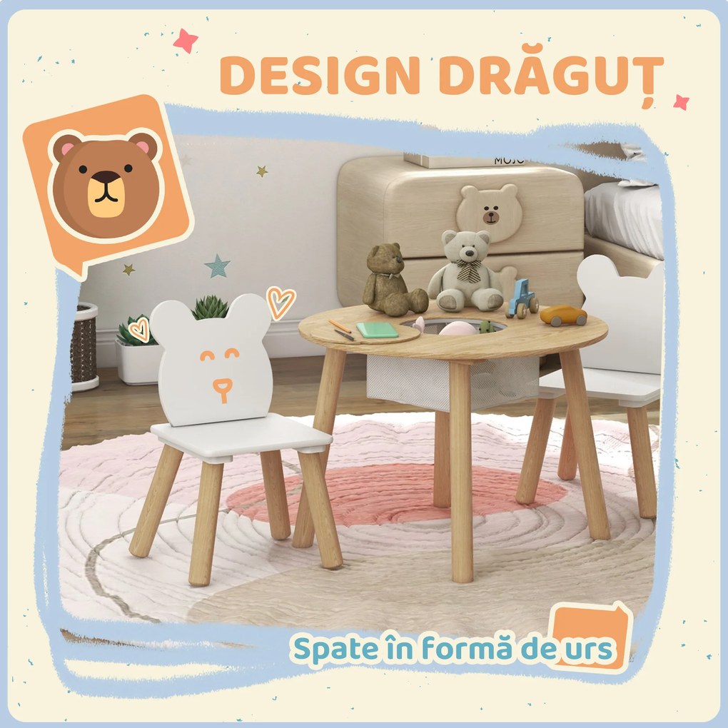 AIYAPLAY Set cu Masă și 2 Scaune pentru Copii cu Spătar în Formă de Ursuleț, Masă cu Spațiu de Depozitare, Alb și Lemn | Aosom Romania