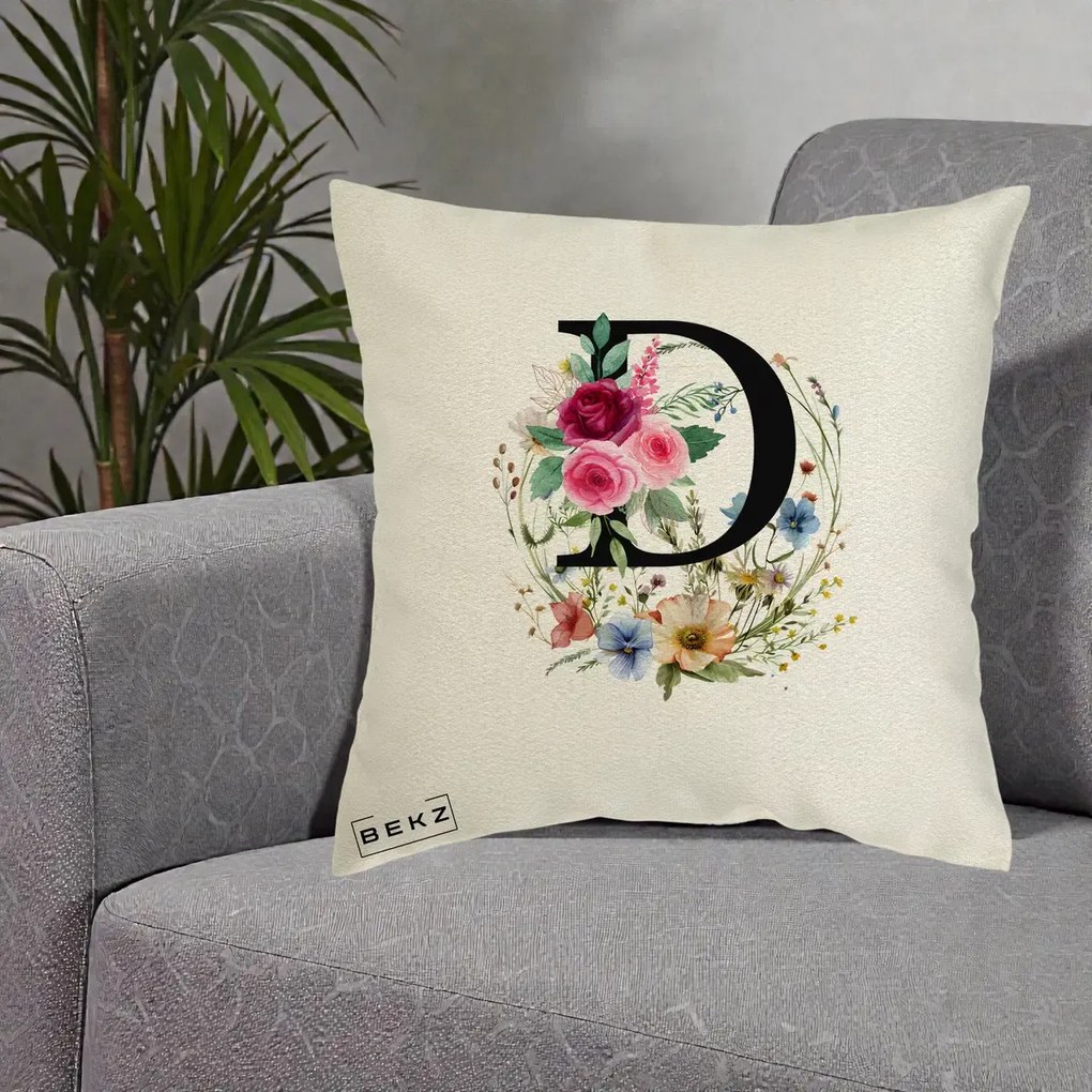 Cadou Personalizat - Perna Personalizata Monogram Litera D cu Flori Acuarela, 40x40 cm, Ecru, Husa Detasabila, Perna Inclusa, BEKZ®