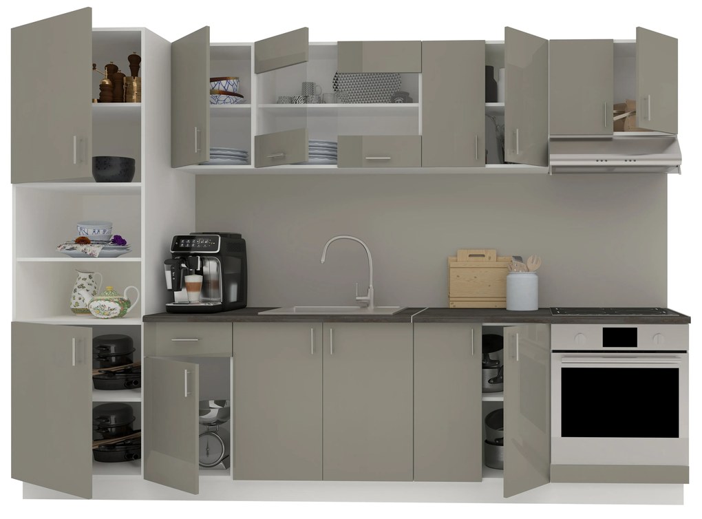 Set Bucatarie Karo V27, Gri Lucios/Alb, MDF, Blat Thermo 28 mm, L 300 cm
