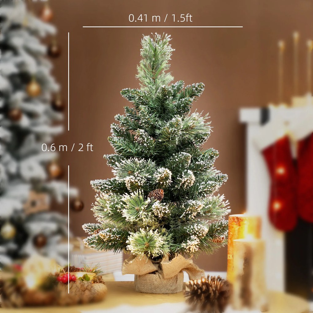 HOMCOM Pom de Crăciun Miniatural Pre-luminat 60 cm, Pom de Crăciun cu Zăpadă | Aosom Romania