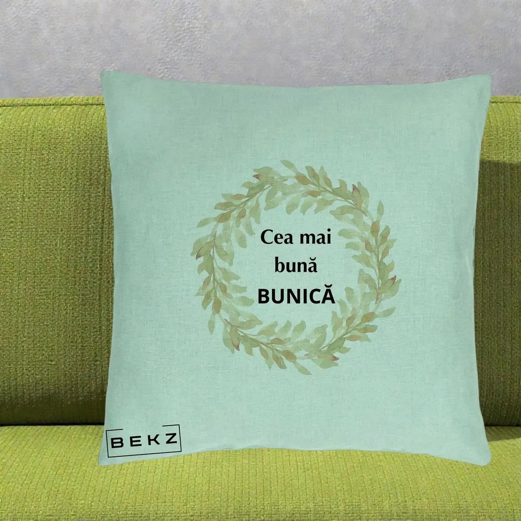 Cadou pentru Bunica - Perna Personalizata Cea Mai Buna Bunica Coronita Frunze Acuarela, 40x40 cm, Verde Menta, Husa Detasabila, Perna Inclusa, BEKZ®