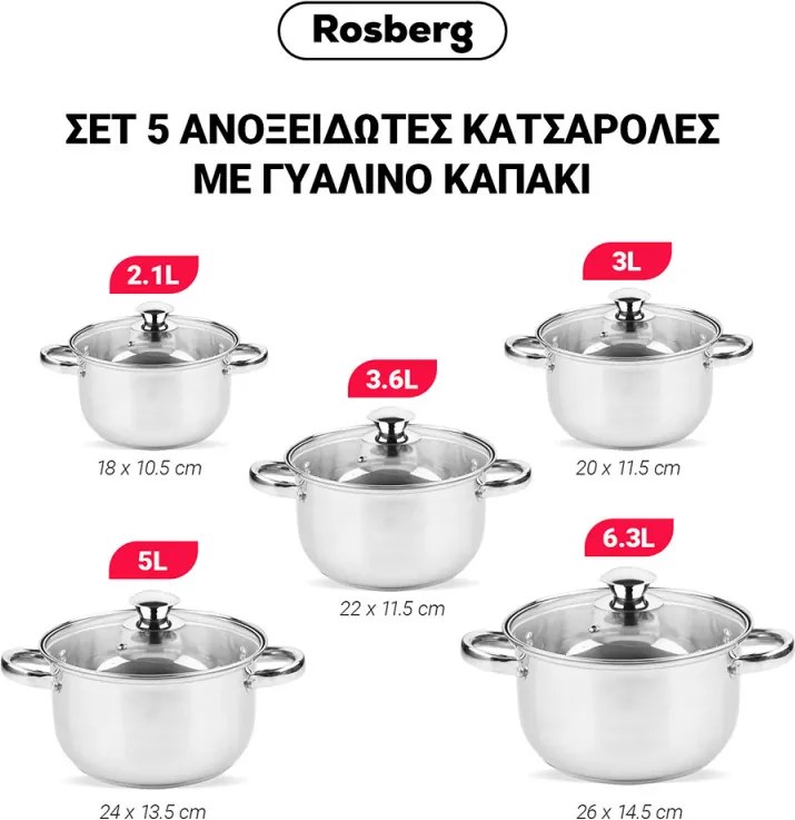 La mâna a doua: Set oale Rosberg R51210O10, 10 piese, 2.1-6.3 L, Otel inoxidabil, Argintiu