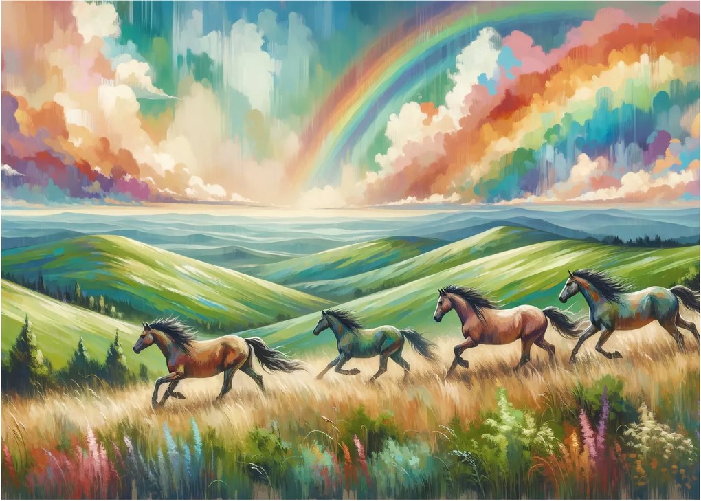 Tablou pe sticlă – Cai galopând prin peisaj (70x50 cm)