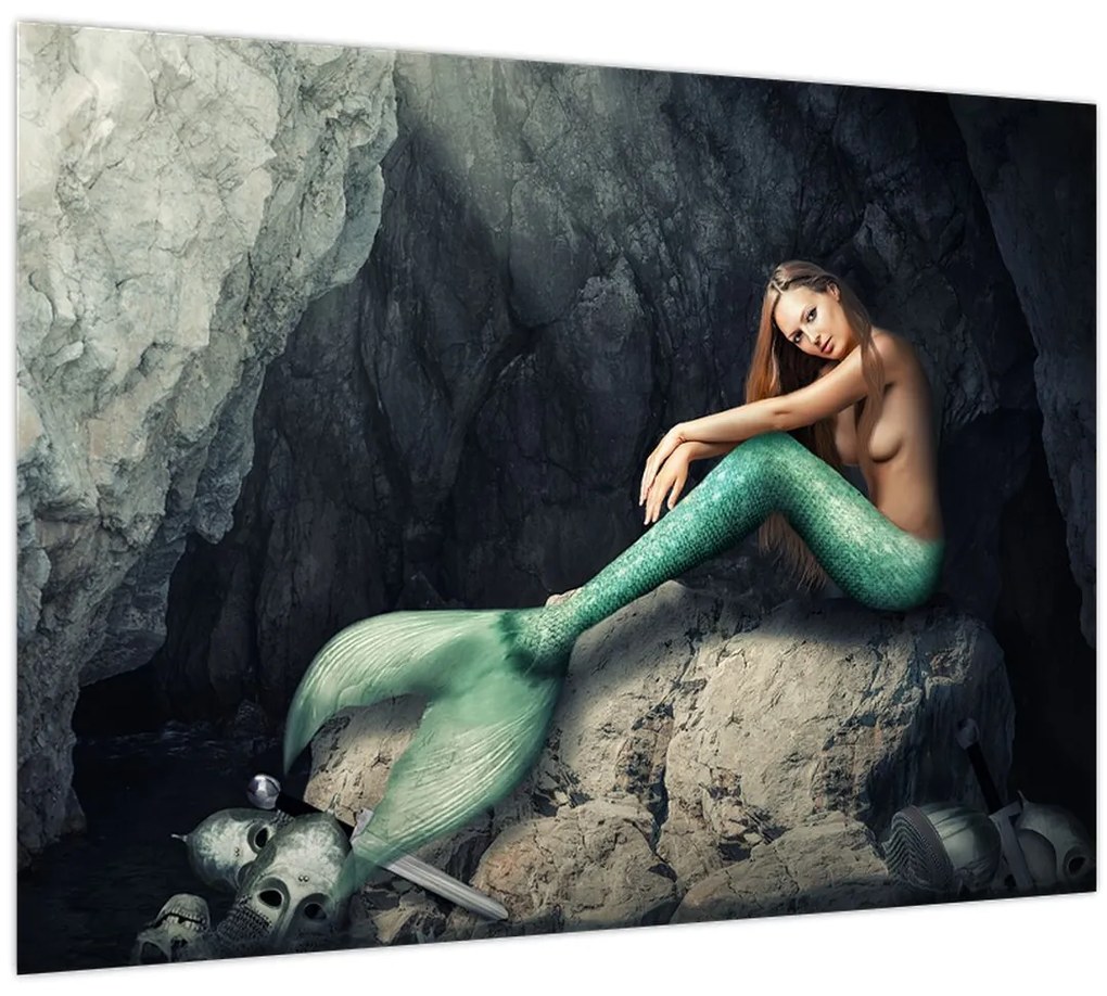 Tablou pe sticlă - Sirena pe stâncă (70x50 cm)