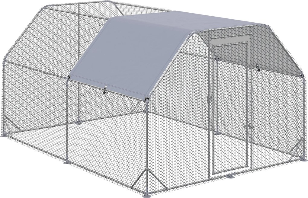 PawHut Tarc pentru găini, coteț, spațiu de libertate pentru găini, accesabil pe jos, ușă cu încuietoare, pentru 10-12 găini, 280 cm x 380 cm x 195 cm, Gri | Aosom Romania