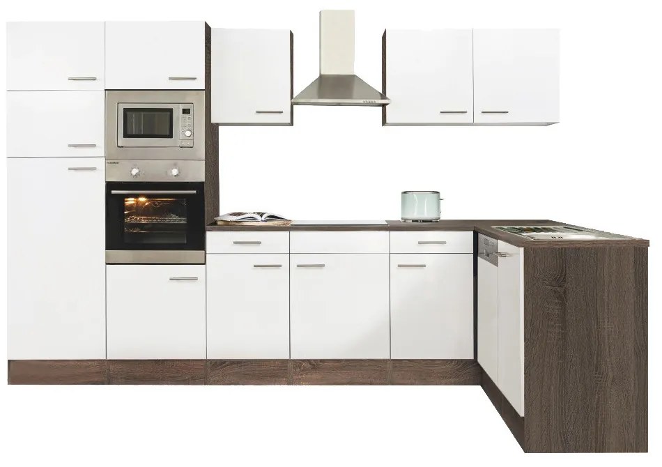 Mobilă de bucătărie de colț Yorki 340, corp din stejar Yorki, cu față alb satinat