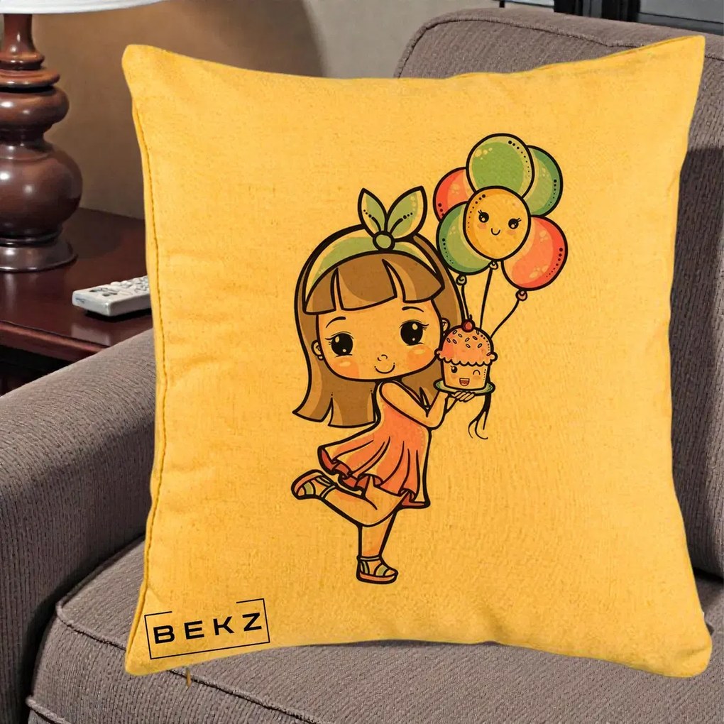 Perna Decorativa Fetita Kawaii cu Baloane si Cupcake, 40x40 cm, Galben, Husa Detasabila, Perna Inclusa, BEKZ®