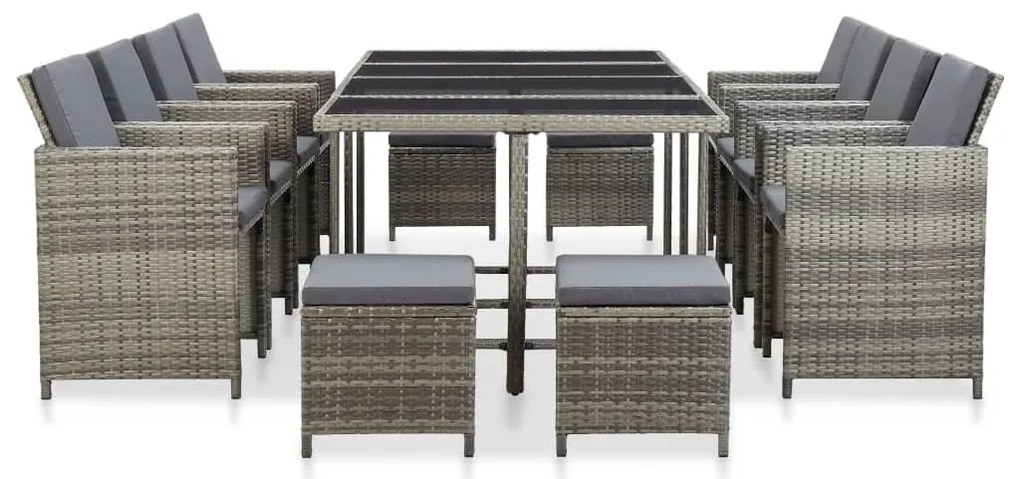 Set mobilier de exterior cu perne, 13 piese, gri, poliratan