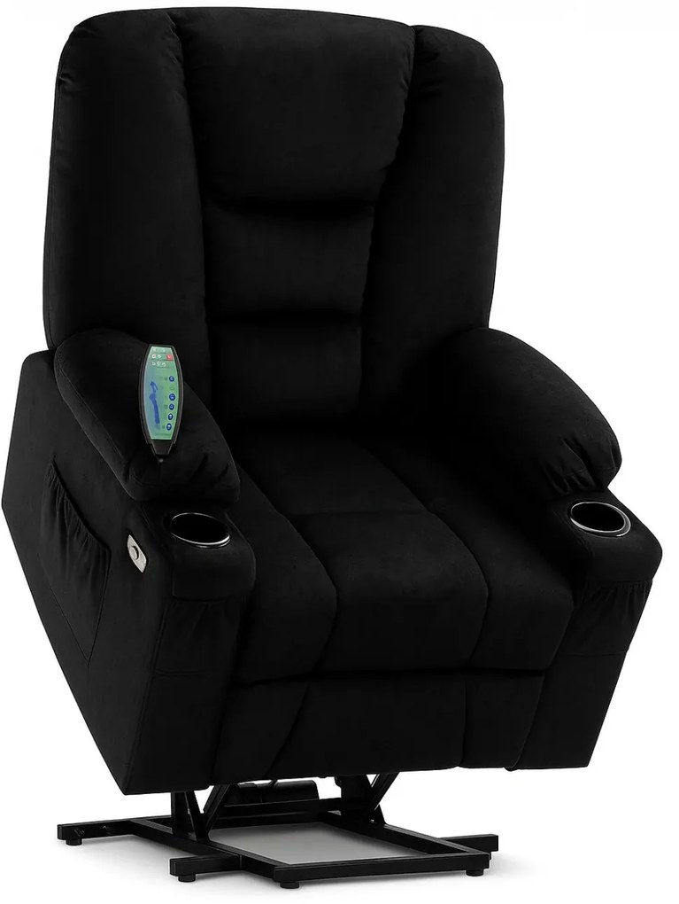Fotoliu Electric Power Lift&Recliner, ridicare și rabatare, masaj și incalzire, porturi USB, suporturi pentru pahare, buzunare laterale, telecomenzi, textil, Negru