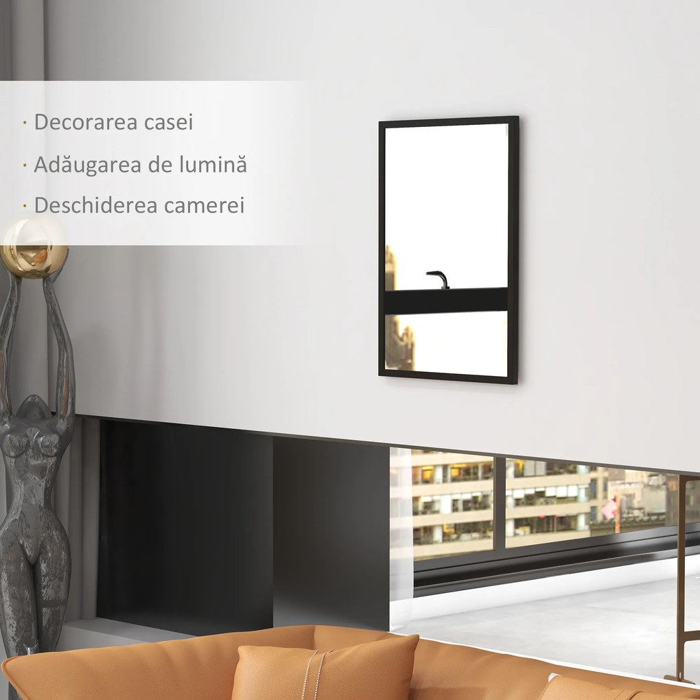 HOMCOM Oglindă Dreptunghiulară de Perete cu Cârlige, Sticlă și MDF, 60x80 cm, Negru | Aosom Romania