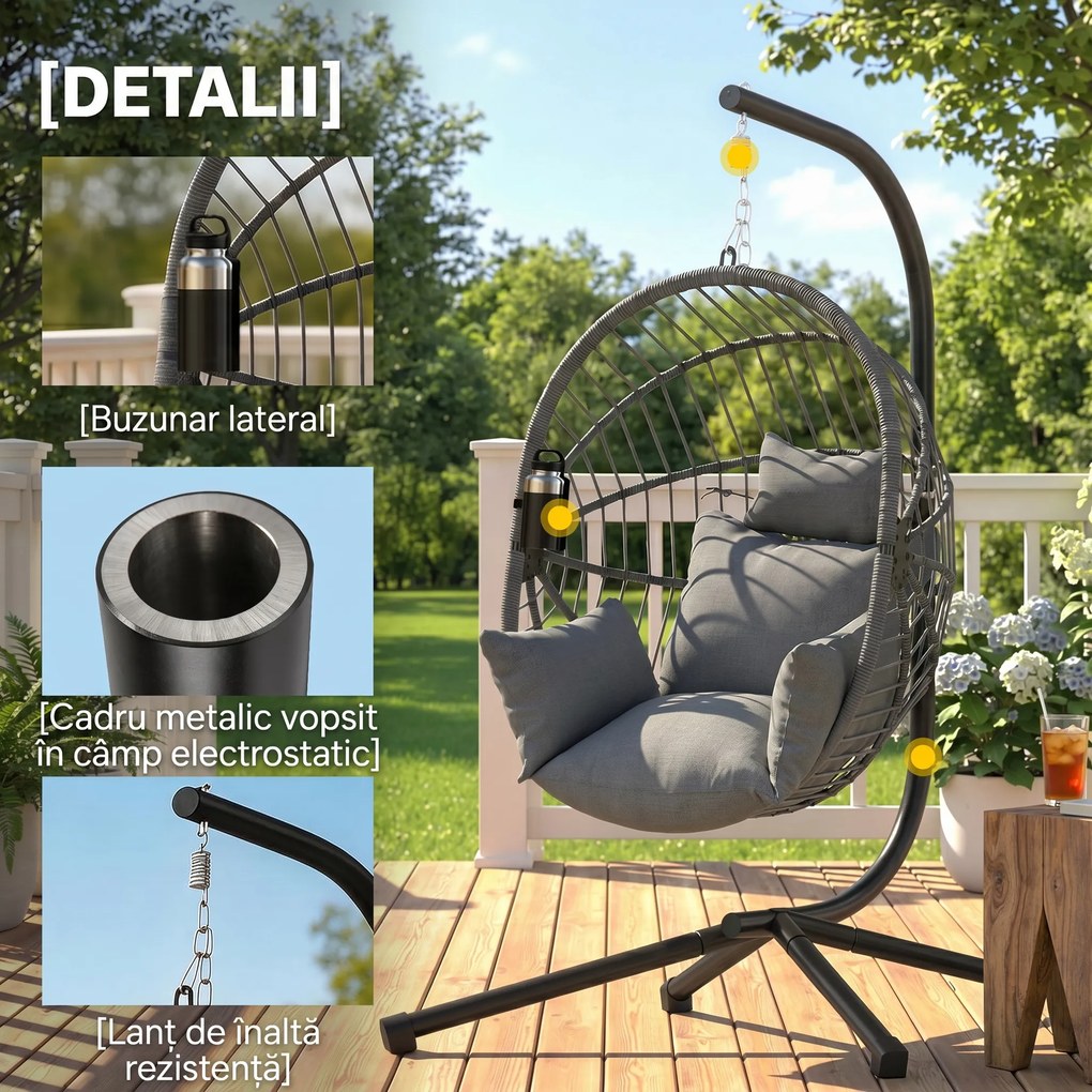 Outsunny Scaun Suspendat Ou, Inclusiv Pernă, Fotoliu, 120 cm x 106 cm x 188 cm, Gri | Aosom Romania