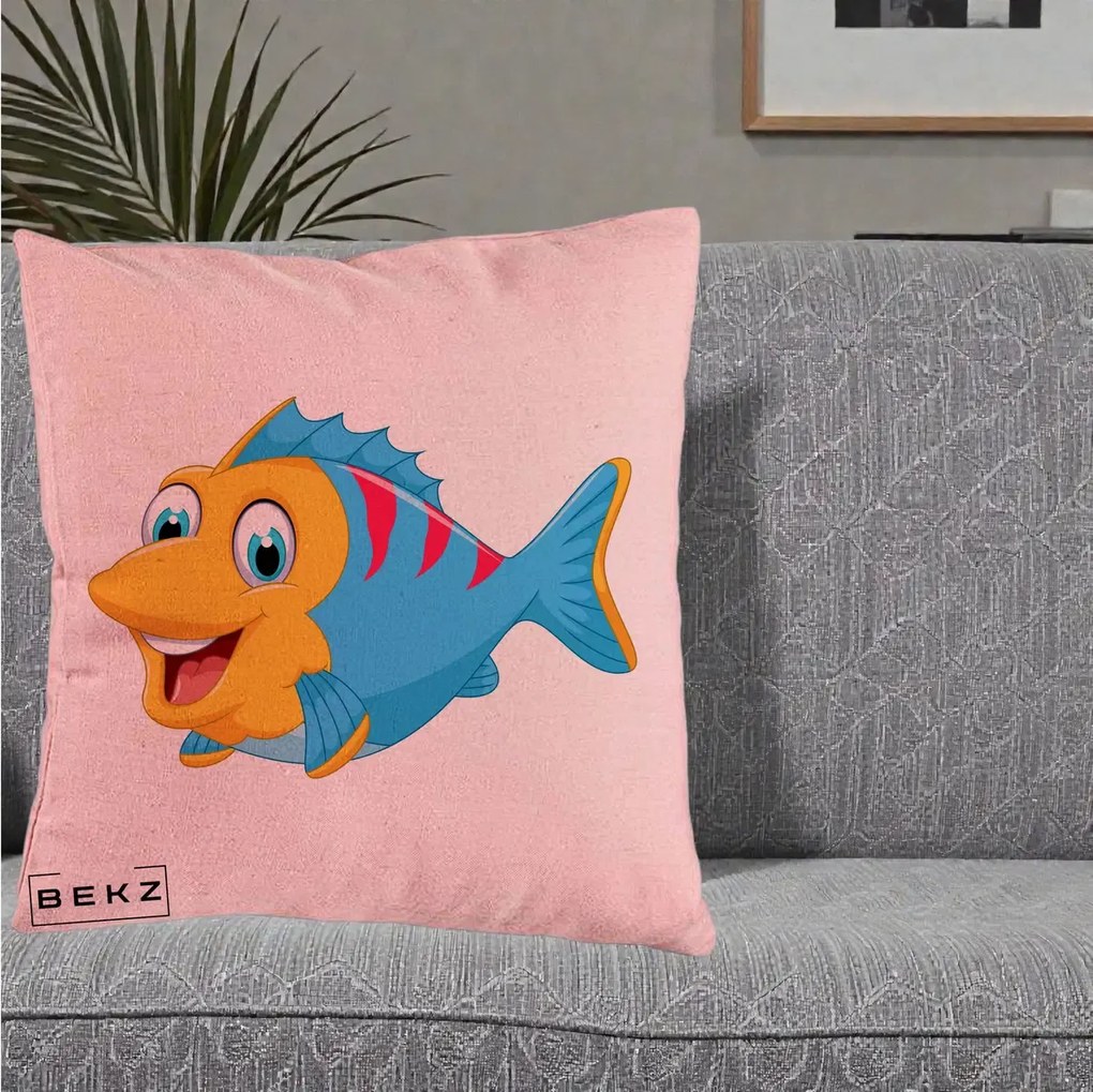 Perna Decorativa Peste Vesel Cartoon, 40x40 cm, Roz, Husa Detasabila, Perna Inclusa, BEKZ®