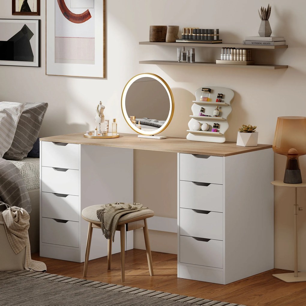 HOMCOM Birou de 140 cm pentru calculator, 8 sertare, birou pentru homeoffice, dormitor, oțel, lemn, alb | Aosom Romania