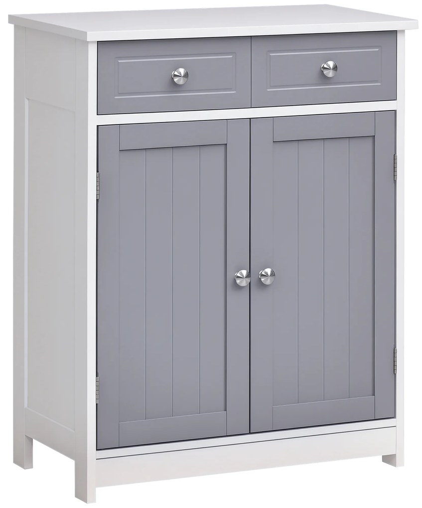 kleankin Mobilier de baie pe picior, dulap de baie 2 uși 2 sertare 60 x 30 x 75 cm gri și alb | Aosom Romania