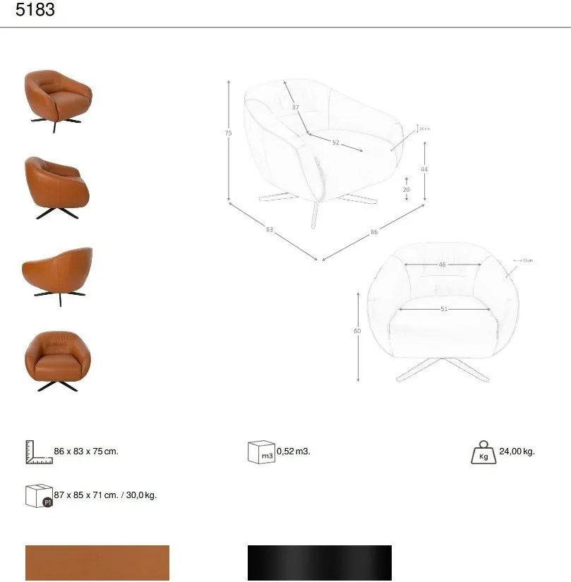 Fotoliu pivotant design LUX, Piele naturala, Cowhide maro